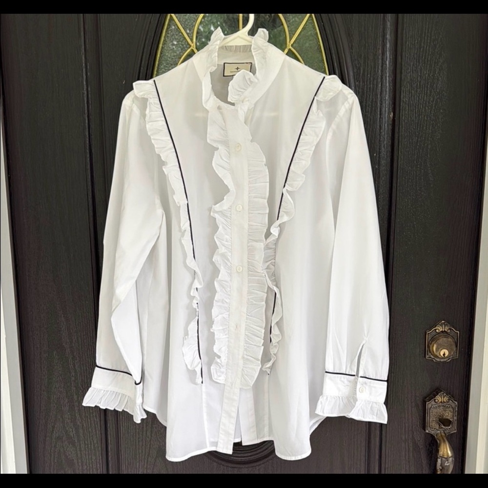 Tuckernuck White Hazel Victorian Ruffle Mock Neck Button Down Blouse - Size XL